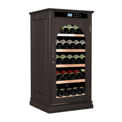Bon prix Armoire de refroidisseur de vin en bois noir autonome avec élégante porte en verre à arc et technologie de contrôle du climat en ligne